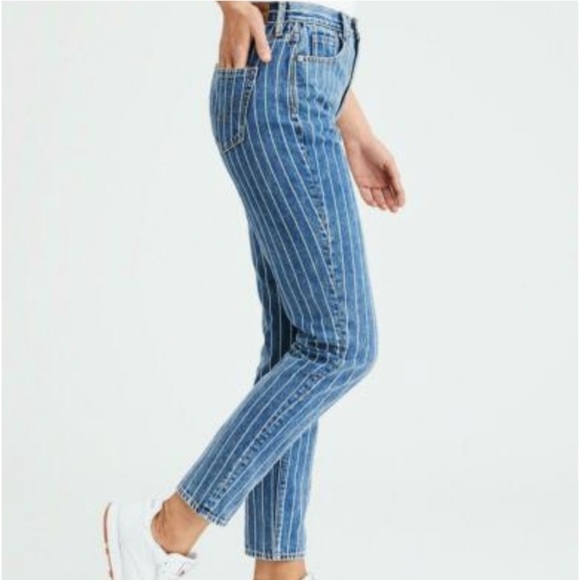 AEO American Eagle Striped High Rise Mom Jeans Size 12 Short - Picture 2 of 7